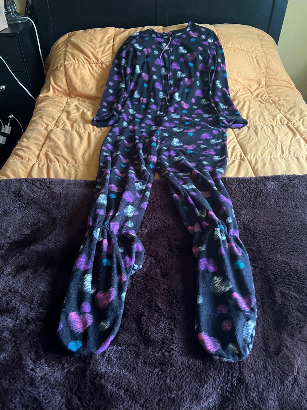 Women's Black Footed Onesie with Purple & Blue Heart Print